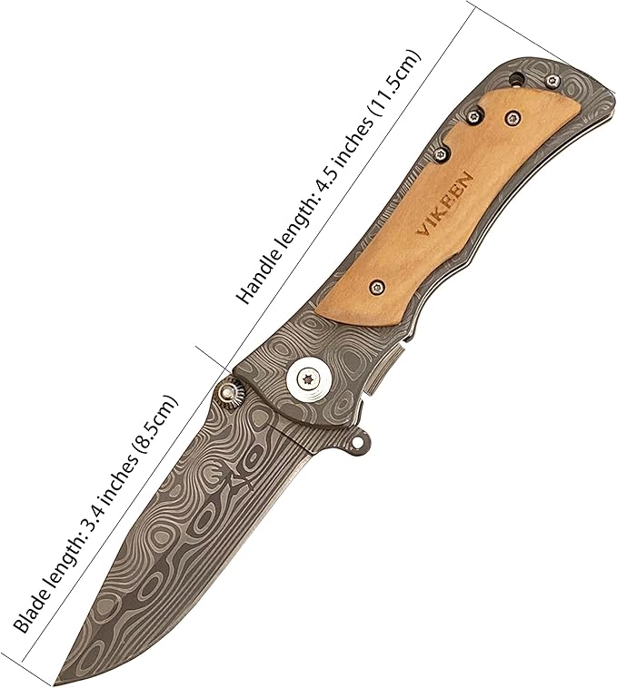 Pocket Knife, Folding Knife, Wood Handle Knife, Outdoor Camping Survival EDC Knife, gift for Men, Husband and Dad, with Nylon Pouch