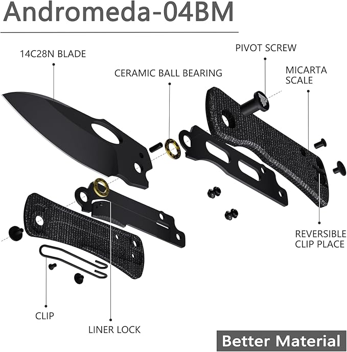 Pocket Knife for EDC,2.04in Titanium Coating 14C28N Steel Blade,Black Micarta Reversible Deep Carry Clip Handle,Folding Thumb Hole Knives for Men and Women，Andromeda-04B