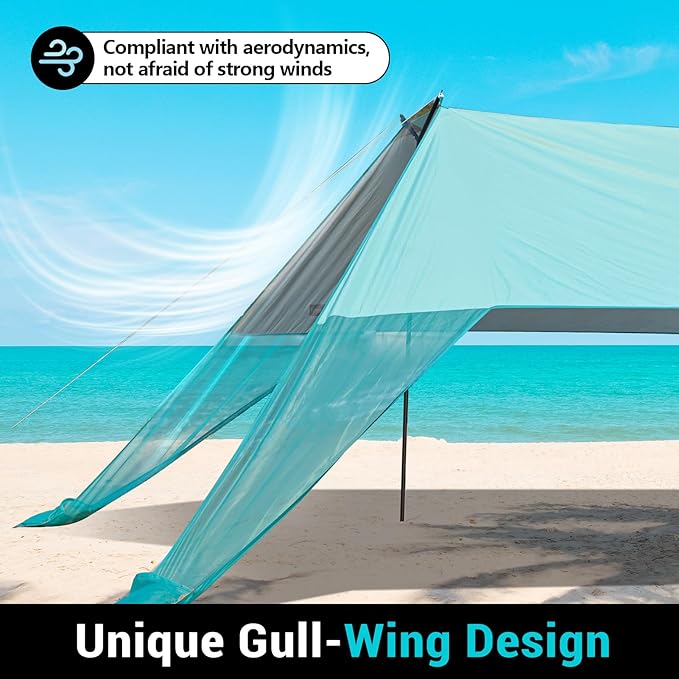 INSTANTENT® 15x9FT Beach Tent for Family, with UPF50+ Protection, Includes Sand Bags, Ground Pegs, Stability Poles, Easy Setup Beach Shade Canopy for Camping, Fishing, Backyard (Turquoise)