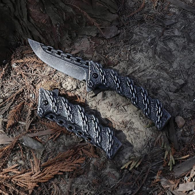 Stainless Steel Pocket Folding Knife with A Sculpted Chain Handle - Safety Liner Lock, Pocket Belt Clip Knife - Portable Tactical Utility Knives for Men Great for EDC, Camping, Fishing & More