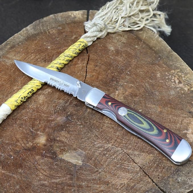 WHISKEY BENT HAT CO. Locking Trapper Folding Pocket Knife 4.125" Closed Length 440C Stainless Steel Blades (Desert Sand - Serrated)