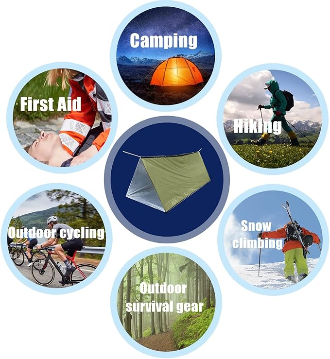1 Piece Survival Shelter, Polyester Film Emergency Tent with String Bundle Pocket Whistle,String with Buckle for Hiking, Camping, First Aid Hurricane