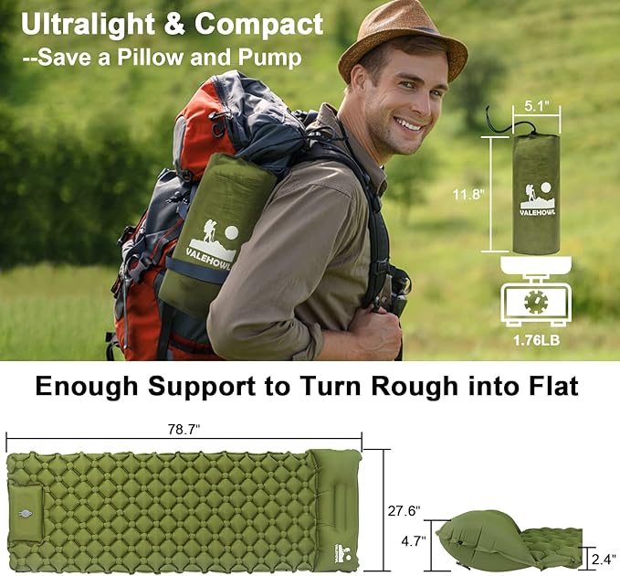 Sleeping Pad for Camping, 79" x 27" Comfort Inflatable Camping Mattress with Pillow, Lightweight Sleeping Mat for Outdoor, Backpacking, Hiking