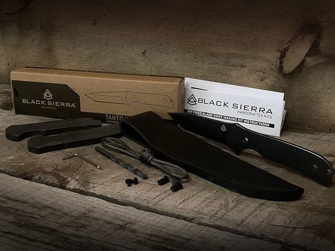 Black Sierra Japanese Tanto Knife Building Kit, Handmade Knife Kit w/Stonewashed Finished Steel Blade and Deluxe Leather Sheath, DIY Fixed Blade Gift for Men, Perfect for Father's Day Gift