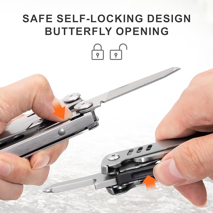 Multitool, 13-in-1 Stainless Steel Multi-Tool Pliers with Sheath, Safe Locking, Carabiner, Professional Pocket Tools for Fishing & Camping