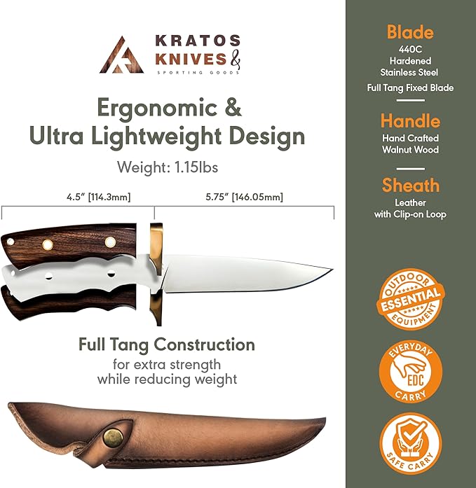 Hunting Knife with Sheath, 10.25" Fixed Blade Bushcraft Hunting Knives with 440C Hardened Stainless Steel Full Tang Survival Knife By Kratos - ZF10