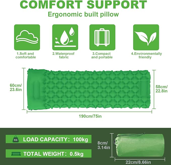 Self Inflating Sleeping Mat for Camping 75"x22" Sleeping Pad with Built-in Pump Lightweight Compact Waterproof Air Mattress for Traveling,Trekking, Hiking, Tent, Single/Adult Camping Gear