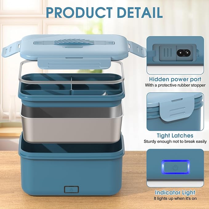 Electric Lunch Box Food Heater, 100W High Power Portable Food Warmer, Heated Lunch Box for Adults Car/Home with 1.8L Removable Stainless Steel Container, 12V/24V/110V/220V