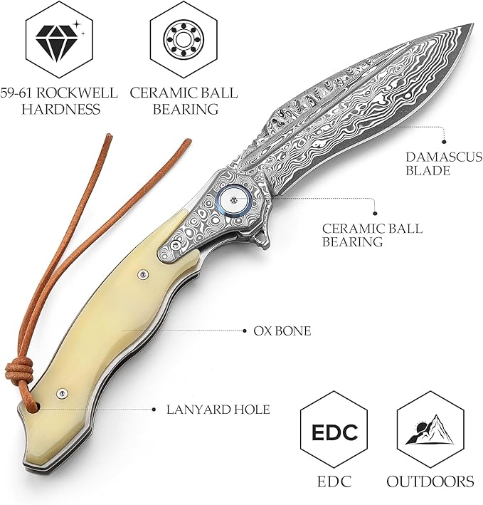 Lepus-02｜4.09" Damascus Folding Knives & Pocket Knife for Men, EDC Flipper Knife with Leather Holster，Hand Polished OX Bone Scale，Collections, Gift Box
