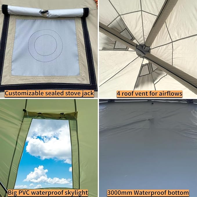 DANCHEL OUTDOOR B2I Waterproof Inflatable Camping Tent with Stove Jack for 1-3 Person, No Center Pole Portable Blow up Galmping Yurt with Pump, 300D Oxford Polyester Bell Tent Hiking, 29lbs, 3m