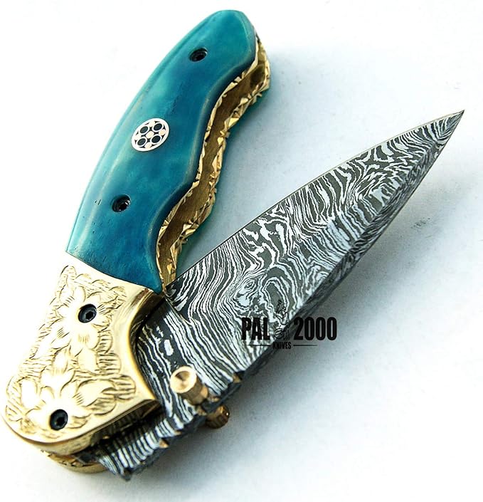PAL 2000 KNIVES FOL-9418 Damascus steel folding pocket knife With Sheath