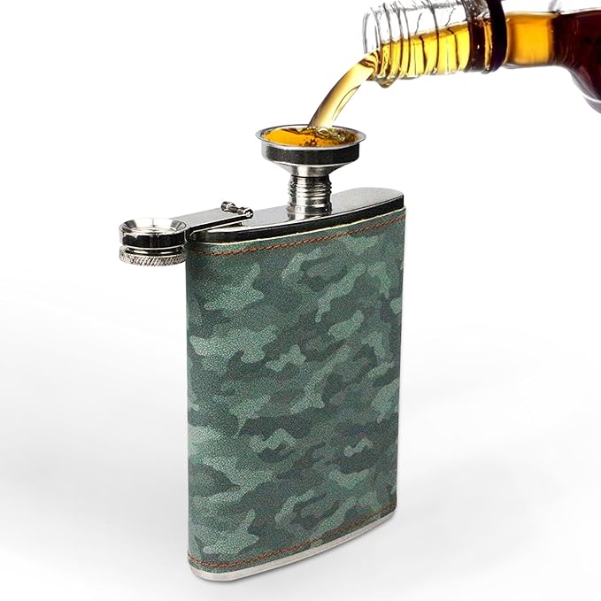 Hip Flask Gift Set, Hip Flasks for Liquor for Men with camouflage Leather Cover, 8 Oz Hip Flask, 18/8 Stainless Steel Hip Flasks, Flasks for Liquor for Men Gift Box