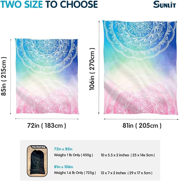 Sunlit Silky Soft 106"x81" Boho Sand Proof Beach Blanket Sand Proof Mat with Corner Pockets and Mesh Bag for Beach Party, Travel, Camping and Outdoor Music Festival, Blue and Pink Mandala