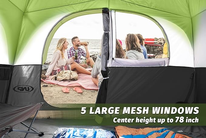 UNP Tents 6 Person Waterproof Windproof Easy Setup,Double Layer Family Camping Tent with 1 Mesh Door & 5 Large Mesh Windows -10'X9'X78in(H)