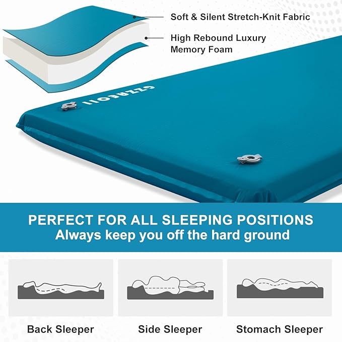 Self Inflating Sleeping Pad, 3" Extra Thick Memory Foam Camping Mattress Pad with Pillow, 4 Seasons Camping Air Mattress Insulated Foam Sleeping Mat for Car Camping, Travel, Tent, Cot, Floor
