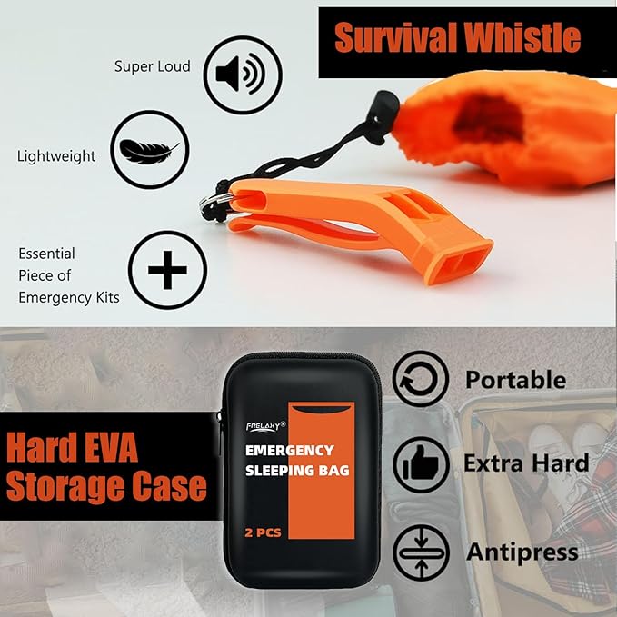 Frelaxy Emergency Sleeping Bag 1-Pack/2-Pack, Extra-Thick Compact Survival Bivy with Whistle, Storage Pouch, and EVA case, Perfect for Survival Kits