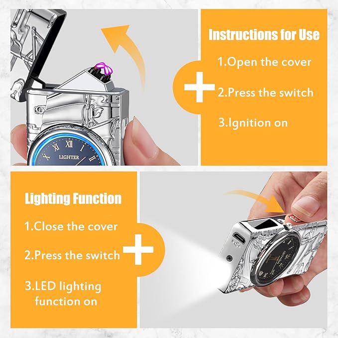 Cool Lighter with Clock Dial Electric Lighter with LED Power Display Plasma Lighter Windproof USB Rechargeable Lighter Gifts for Men Women (Sailboat-Silver)