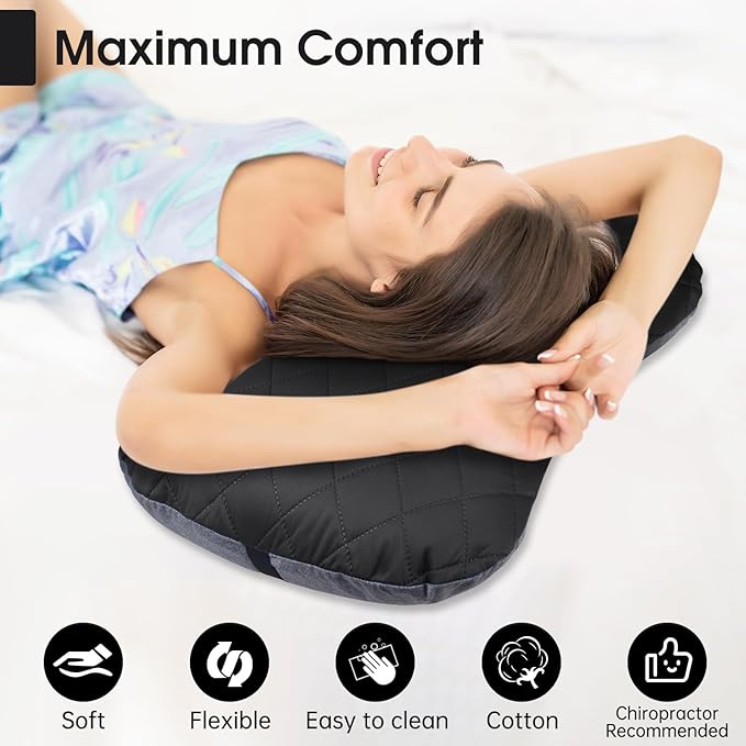 Inflatable Camping Pillow with Removable Cover - Ultralight Compact Camp Pillows for Sleeping, Backpacking, Hiking, Beach, Outdoor - Portable Blow Up Air Travel Pillow for Neck & Lumbar Support -Black