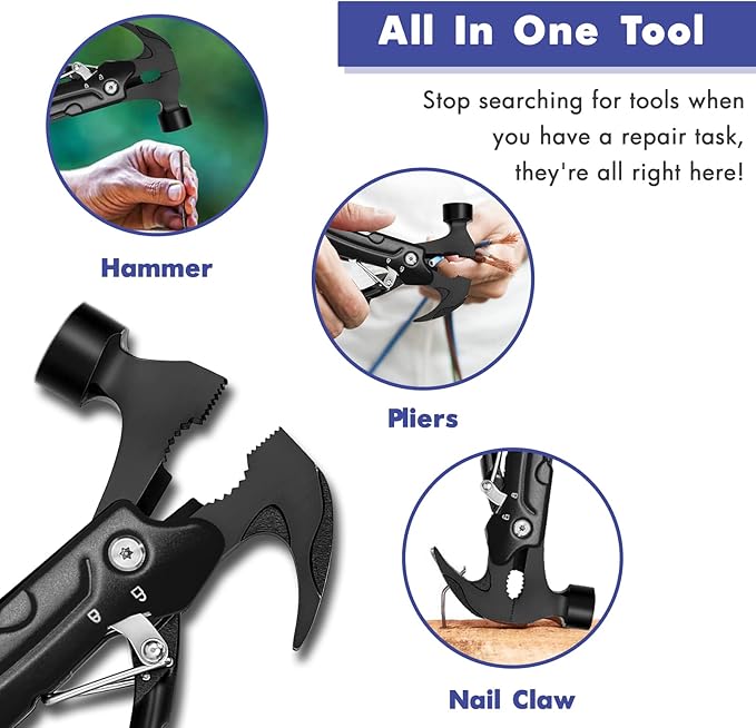Hammer Multitool, Cool Gadgets Multi Tool with Gift Box Carrying Case Birthday Stocking Stuffers Father's Day Valentines Day Gifts for Men Husband Him Camping Accessories(Black)
