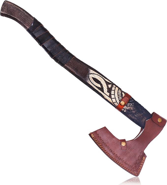 HUN-3004 Custom Handmade Viking Hatchet Axe Carbon Steel Head Bearded Camping Tomahawk Battle Ax with Sheath Ideal Gift for Men
