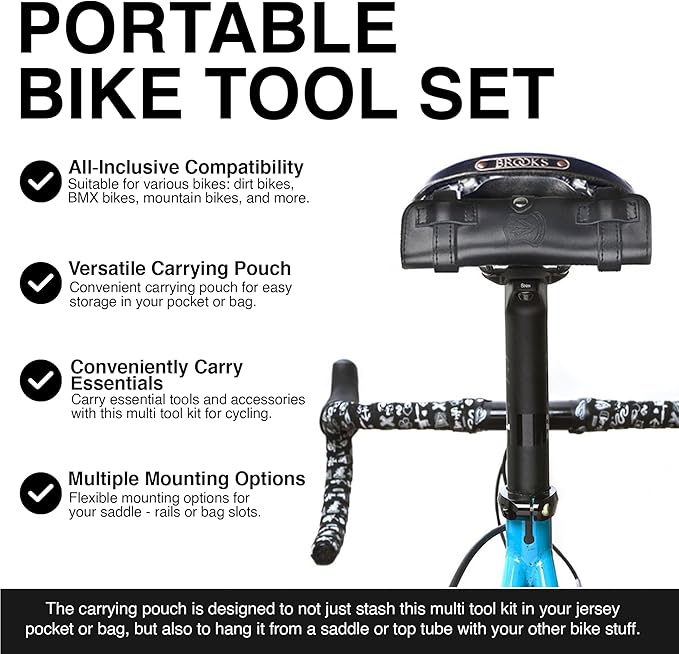 THE NUTTER All in One Bike Tool - Portable Bike Repair Kit with Cycling Multitool and Black Leather Pouch - Specialized Bike Accessories, Bike Tools - Emergency Biking Gear for All Types of Bicycles