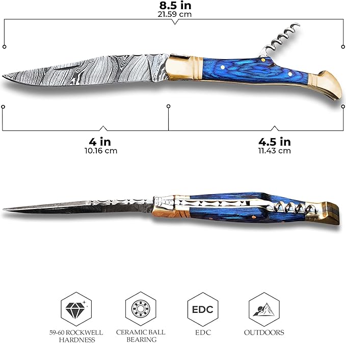 Handmade Damascus Pocket Knife with Sheath, 7" Folding Hunting Knife for Outdoor Camping, Laguiole Pocket Knife, Cork Screw for Wine or Bottle Opener