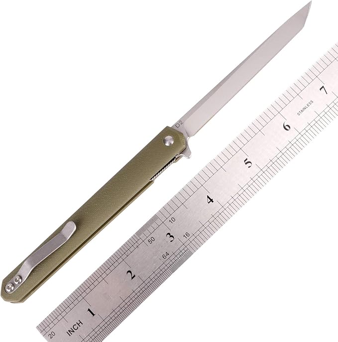 Samior G1035 Small Slim Folding Pocket Flipper Knife, 3.5 inch D2 Tanto Blade, Army Green G10 Handle with Liner Lock Pocket Clip, Gentleman's EDC Knives 1.3oz