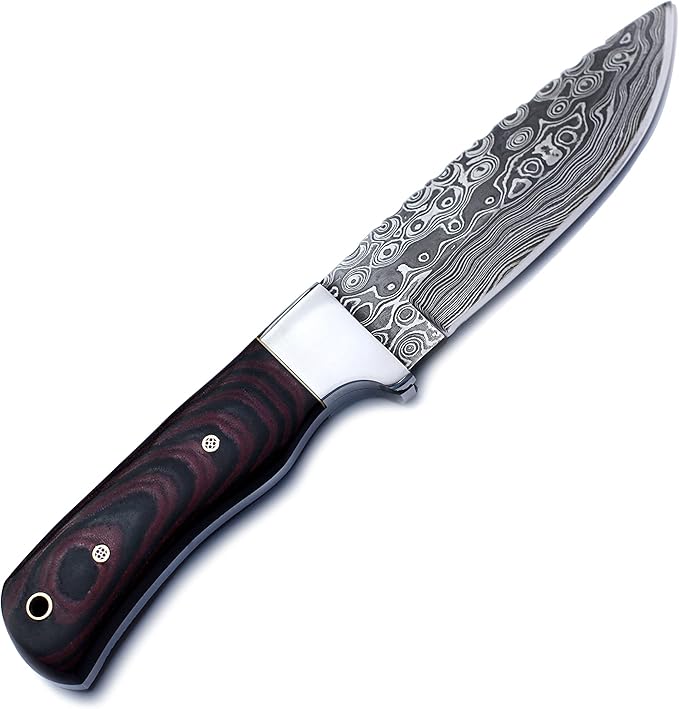 Handmade Damascus Steel Knife Bowie for Hunting,Survival,Camping,Bushcraft,and Fishing Fixed Blade with Drop Point Full Tang Micarta Handle,Leather Sheath - WKD-778