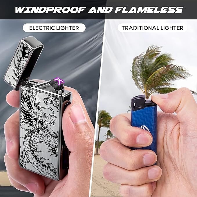 LcFun Electric Lighter USB Rechargeable Lighter, Windproof Plasma Dual Arc Lighter, Flameless Cool Lighters with LED Battery Indication for Candles, Incense Stick, Outdoor Camping (Black Dragon)