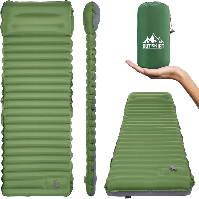 OUTSKIRT Inflatable Sleeping Pad with Built-in Foot Pump, Extra Thickness, Lightweight & Ultra-Comfort Sleeping Mat with Pillow for Camping, Hiking, Backpacking, Traveling, Tent, Green