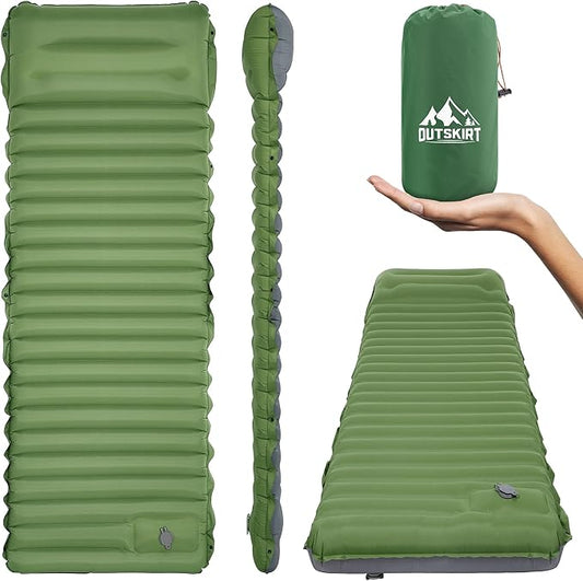 OUTSKIRT Inflatable Sleeping Pad with Built-in Foot Pump, Extra Thickness, Lightweight & Ultra-Comfort Sleeping Mat with Pillow for Camping, Hiking, Backpacking, Traveling, Tent, Green