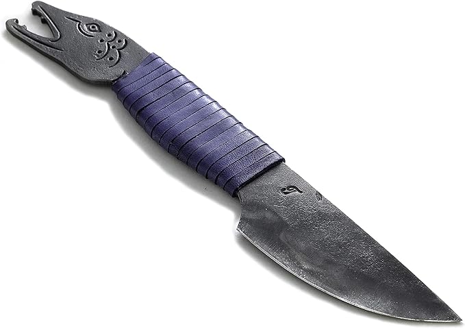 Toferner Hand Forged Knife Fish Head with Sheath, Vintage Knife for Antique Collection, Genuine Leather Case, Hardened Blade, Hand Made Craft, Gift Idea for Men (Blue)