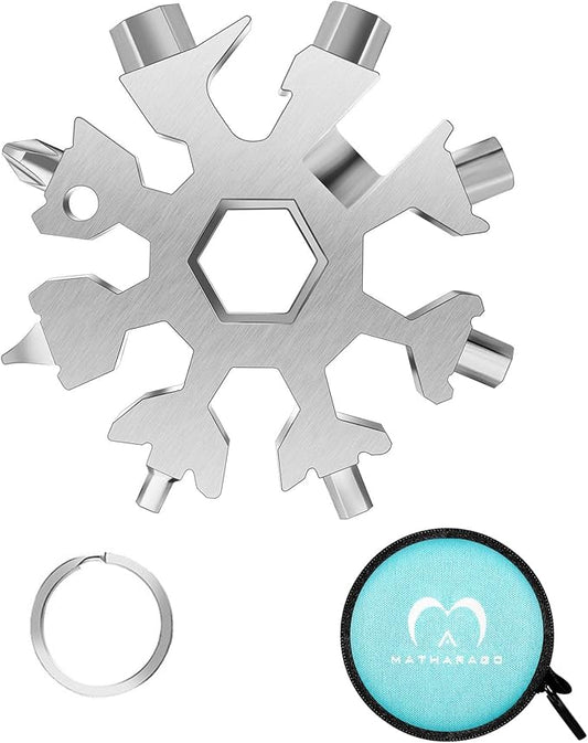 Snowflake Multitool, 1pcs Snowflake Tool Stainless Steel 18 in 1 Snowflake Multitool with Keyring and Storage Bag for Christmas Gift Men's Present(Silver）
