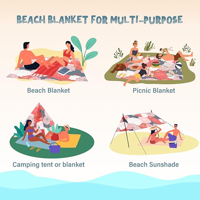 Beach Blanket Waterproof Sandproof 1-7 Adult Oversized 78 '' × 110 '' Lightweight Durable Compact Sand Free Beach Mat for Travel Camping Hiking Picnic Blanket Extra Large