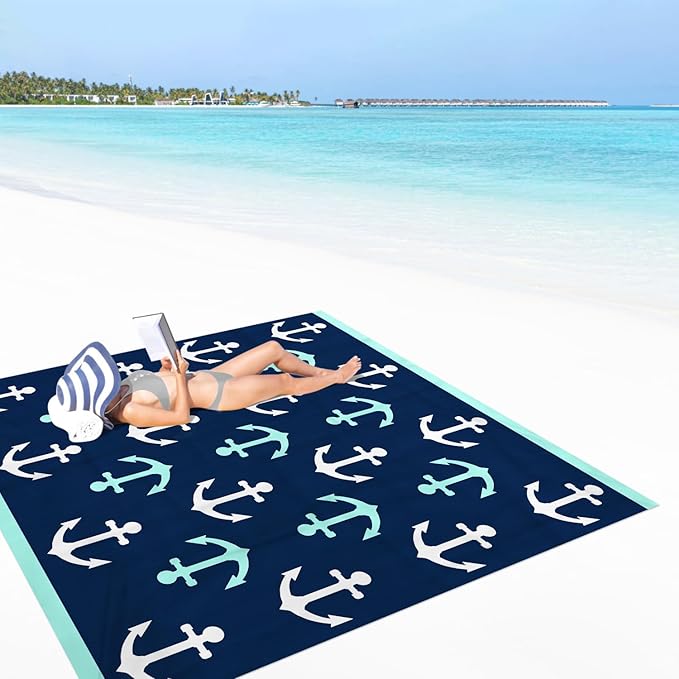 Nautical Beach Blanket Sandproof, Foldable Waterproof Sand Free Beach Picnic Mat, 78''×86'' Large Compact Portable Ocean Themed Outdoor Pocket Blanket With 4 Stakes for Travel, Camping - Navy Anchors