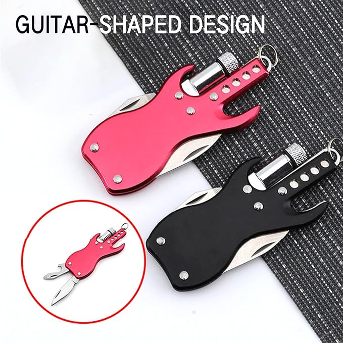 Mini Guitar-Shaped Multitool,3-in-1 Keychain Knife with Bottle Opener and Mini Flashlight,Gift for Men & Women,Set of 2