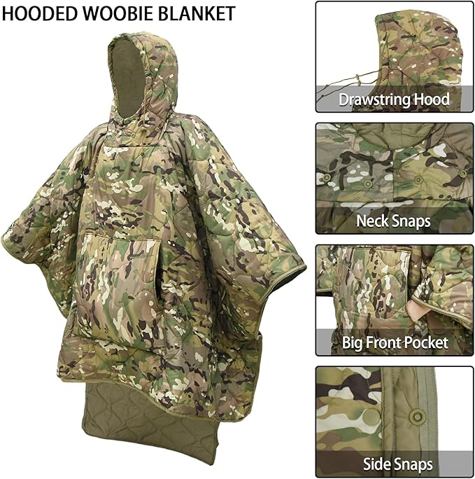 Poncho Liner Hoodie with Pocket Insulated Military Woobie Sleeping Bag Waterproof for Outdoor Camping Travel Survival Hunting Car Emergency