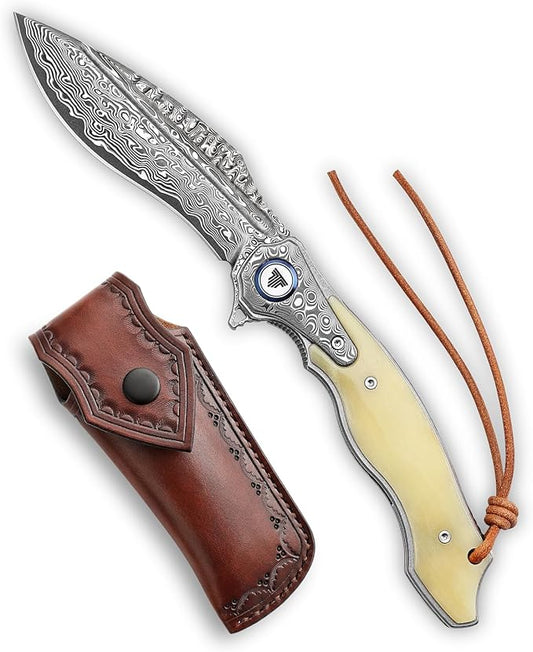 Handmade Damascus Steel Folding Hunting Knife with Leather Sheath,4.09'' Large Blade,Damascus and Bone Handle Pocket Knives for Men EDC Camping, Lepus-02