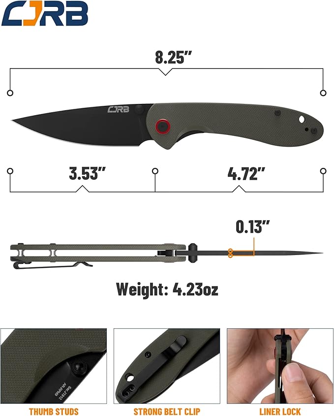 CJRB CUTLERY Folding Knife Feldspar(J1912) AR-RPM9 Powder Steel Black PVD Blade G10 Handle Pocket Knife EDC Knife,Army Green Handle