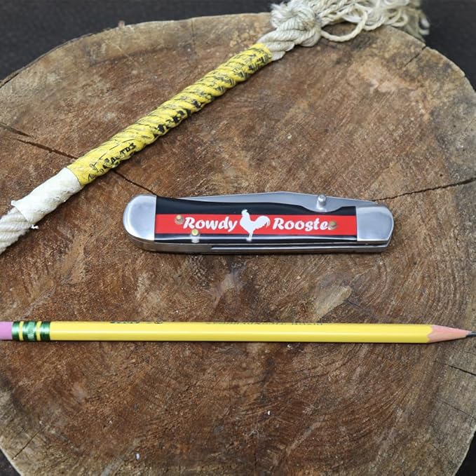 WHISKEY BENT HAT CO. Locking Trapper Folding Pocket Knife 4.125" Closed Length 440C Stainless Steel Blades (Rowdy Rooster - Serrated)