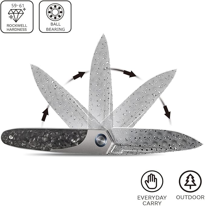 Sitivien ST245 Damascus Steel Folding Knives with Liner Lock, Ball Bearing,Titanium Carbon Fiber Handle EDC Damascus Knife for Men Women(Gray) … …