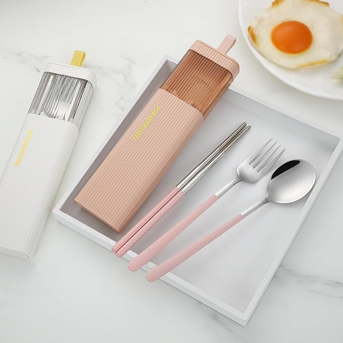 DEVICO Travel Utensils with Case, Stainless Steel Reusable Camping Silverware Set for Lunch Box, Portable Cutlery Kit Includes Fork, Spoon, Chopsticks (Pink)