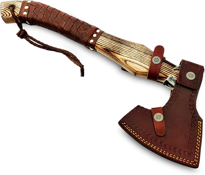 Hand Forged Carbon Steel Etched Viking Axe with (Ash Wood) Handle -with Premium Leather Sheath - Ideal for Camping Axe - Survival Axe - Bushcraft Axe Gift for Him. CX-00786