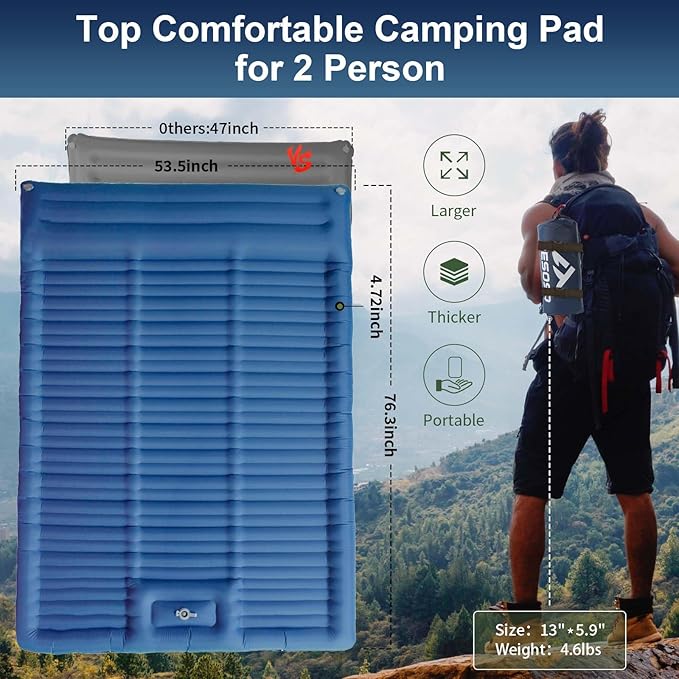 Double Sleeping Pad,4.75" Ultra-Thick Self Inflating Sleeping pad for Camping, with Pillow Built-in Foot Pump Camping Mattress for Backpacking, Car Camping, Hiking, Tent(Double Blue)