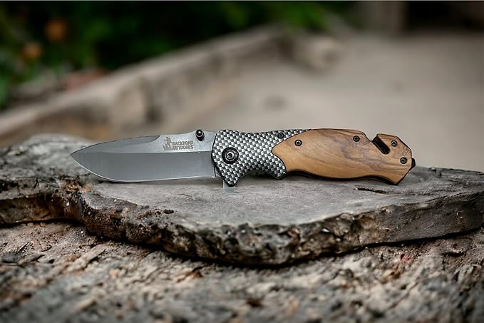 Stainless Steel EDC Folding Wood Handle Pocket Knife Glass Breaker Seatbelt Cutter Olive Wood Handle Carbon Fiber Insert