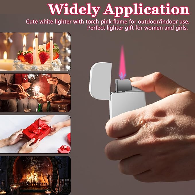 Pink Flame Torch Lighter, Cute White Lighter,Refillable Butane Lighter, Windproof torch Lighter for Outdoor Camping BBQ Candle,Nice Gift for Women Girls on Birthday,Anniversary (1 Pack,Without Butane)