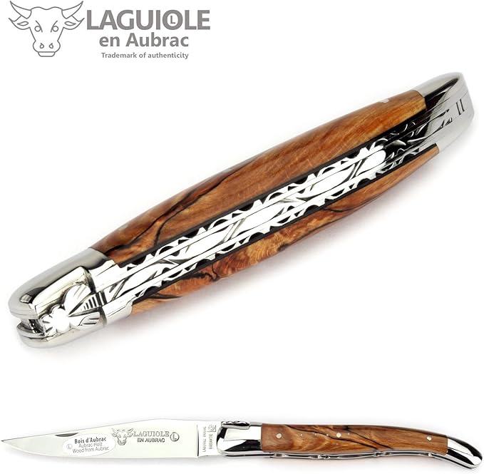 Laguiole en Aubrac Handmade Knife 12 cm Double platines L0712WAIF Aubrac Beech Wood Handle, Blade and bolsters Stainless Steel Shiny