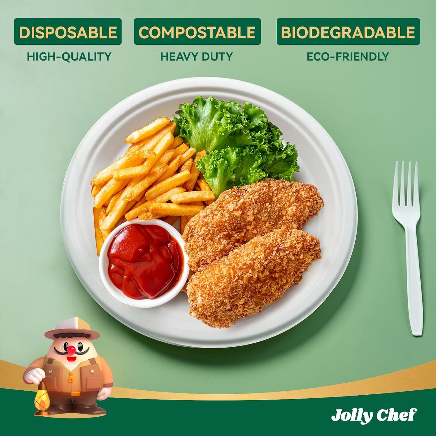 JOLLY CHEF Compostable Heavy Duty Plates 𝟭𝟬 𝗜𝗻𝗰𝗵 [𝟯𝟬𝟬 𝗣𝗮𝗰𝗸] Eco-Friendly Disposable White Paper Plates Made of Bagasse Biodegradable Bulk for Party Dinner Sugarcane Fibers Round 300 Count