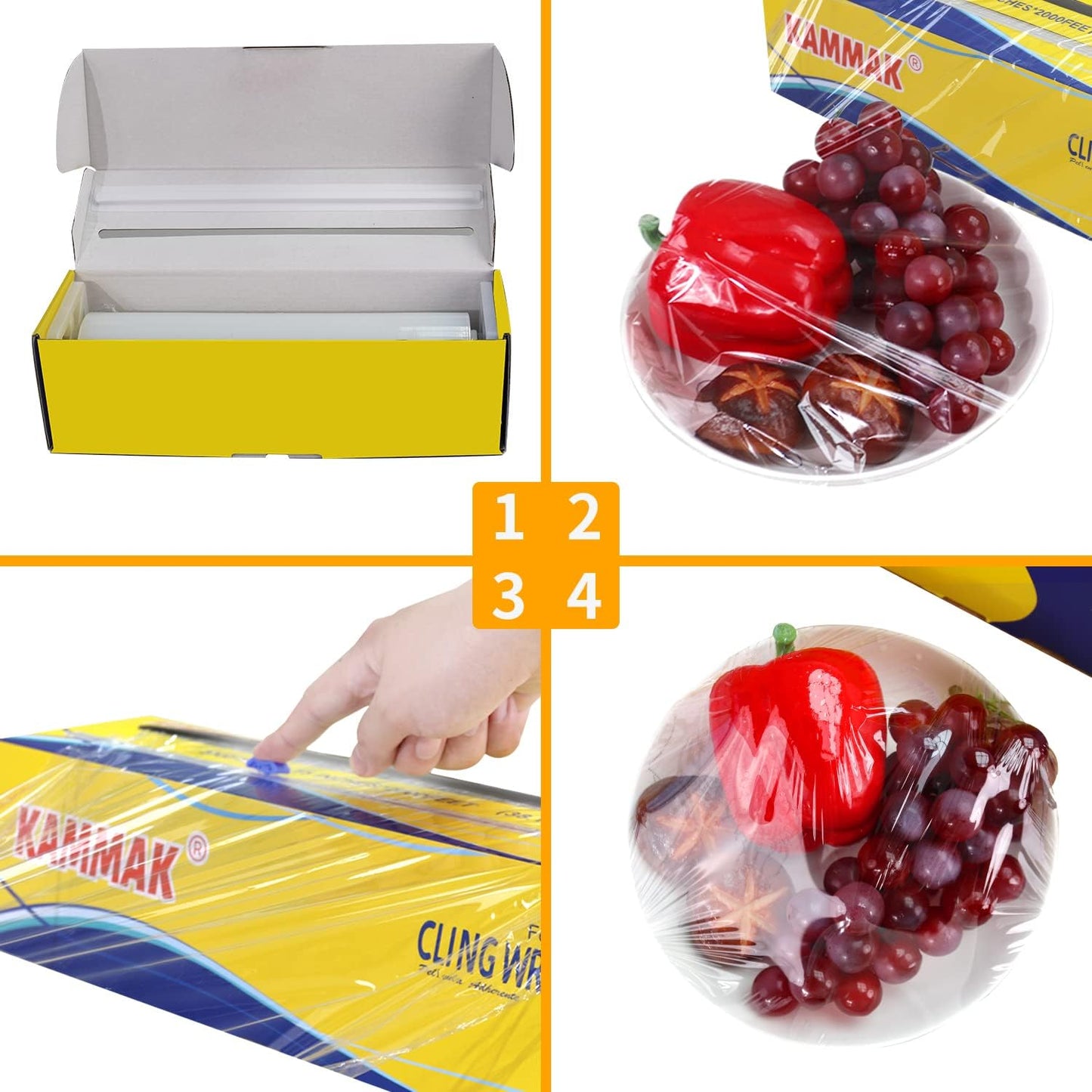KAMMAK Plastic Wrap Food Cling Wrap with Slide Cutter 15 inch Restaurant Cling Film 2000 Ft Bulk Roll Refillable Food Service Cling Wrap Dispenser Quick Cut Anti-Fog Cling Film for Kitchen
