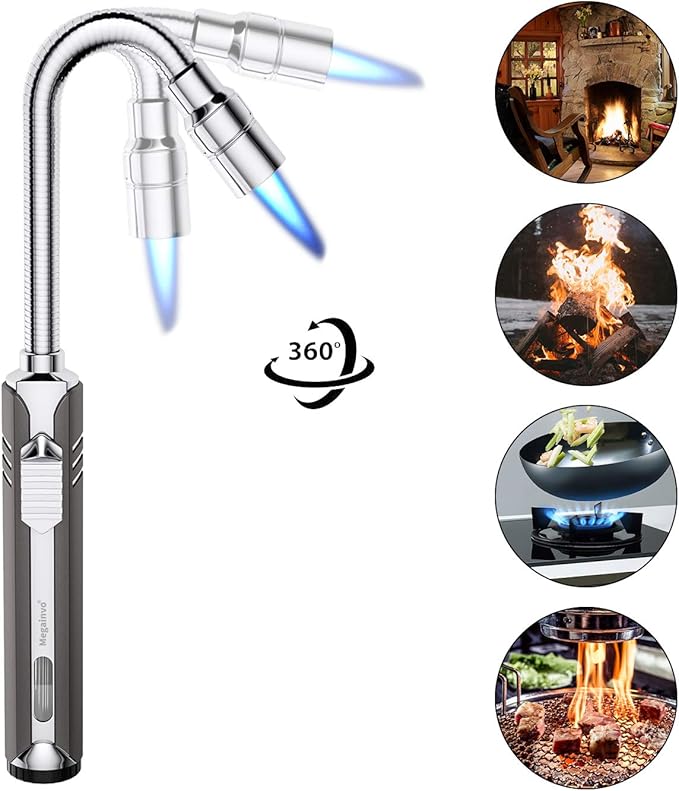 Butane Lighter Torch Long Lighter Refillable Adjustable Jet Flame Lighter Windproof Flexible with Visual Fuel Window Blow Torch for Stove BBQ Grill Fireplace Camping Kitchen (No Gas Include) - Grey
